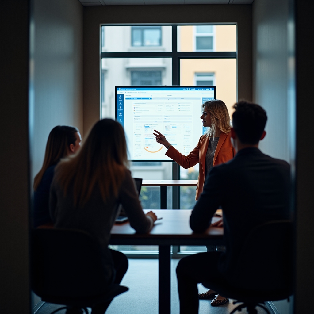 Consultor implementando un tablero de coordinación digital en la oficina de una startup
