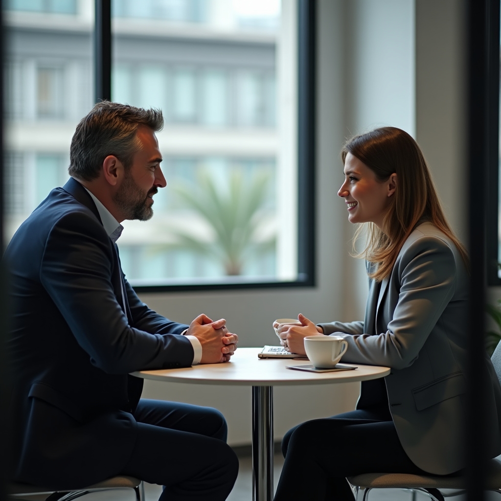 Consultora y fundador de startup conversando en una primera reunión de diagnóstico