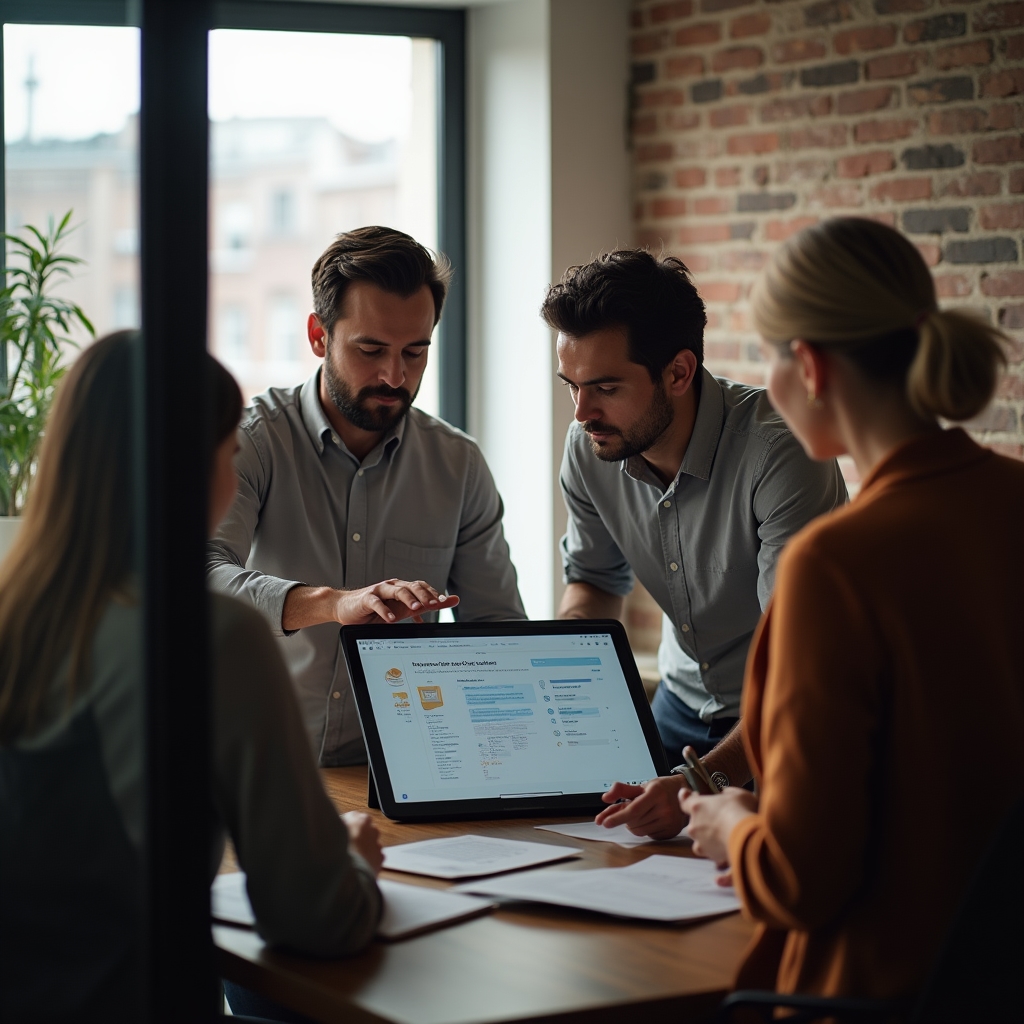 Equipo de startup en una reunión breve de coordinación frente a un tablero de tareas