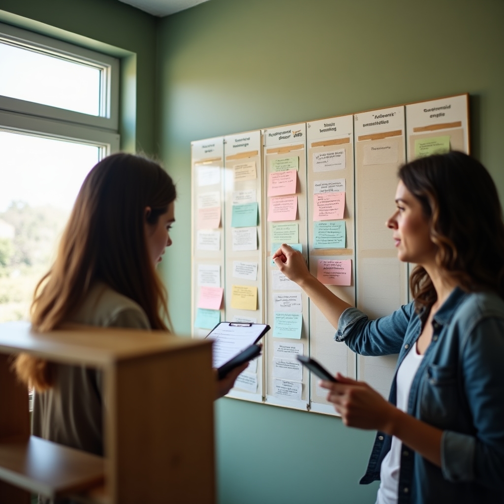 Equipo de startup revisando un tablero físico de tareas con notas y etiquetas de color